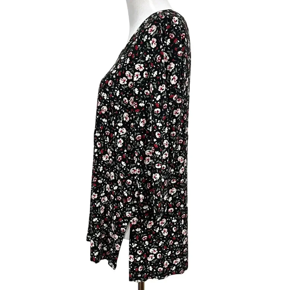 J.Jill Wearever Tunic Top Black Pink Floral Jersey Knit Stretch Side Slits Sz M